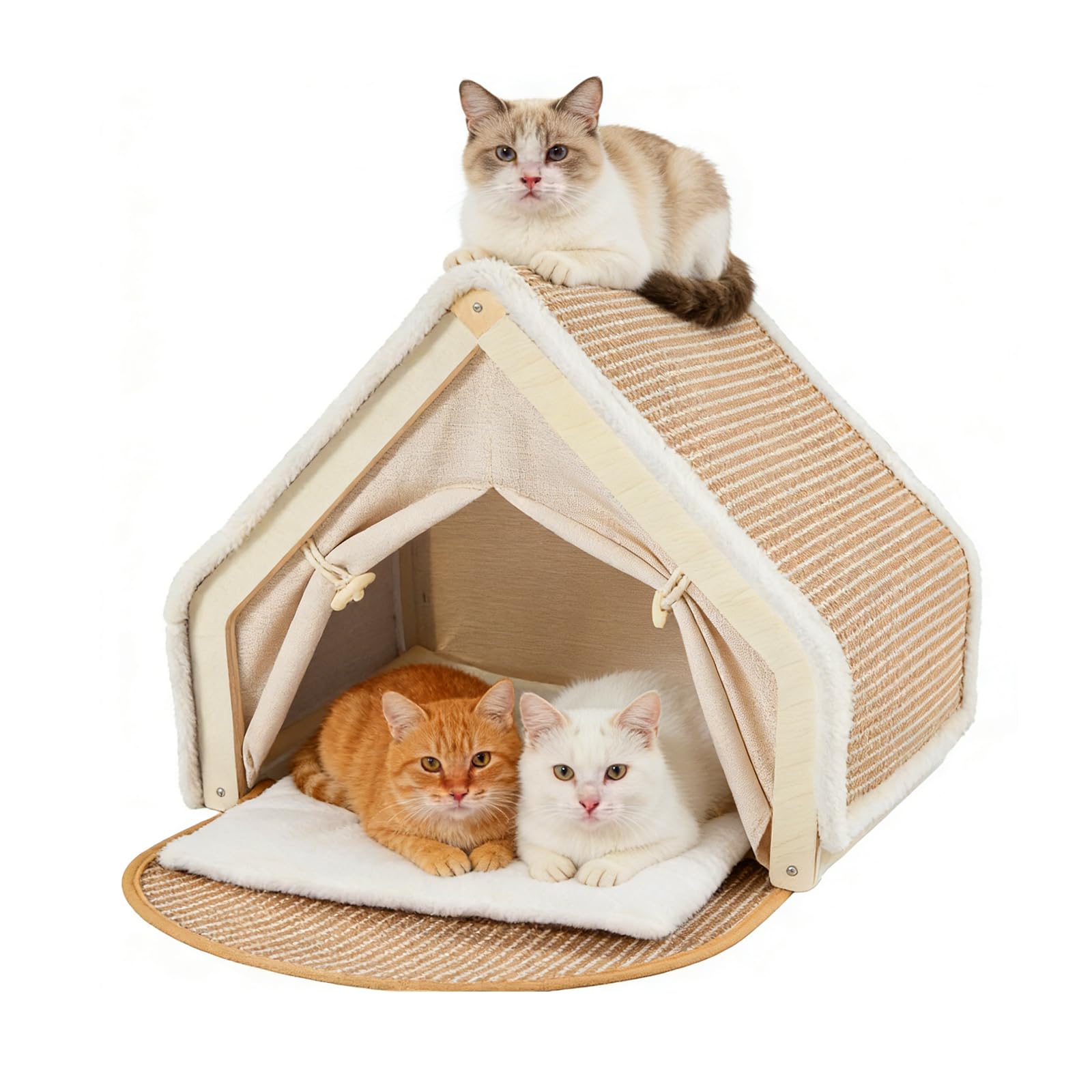 Tenda Per Gatti, Tana In Sisal Tenda Per 1-2 Gatti E Tiragraffi 2 In 1 In Legno Per Interni Con Cuscino E Tetto Lavabili 50 X 40 X 40 Cm Cuccia Accessori Per La Stanza Degli Animali