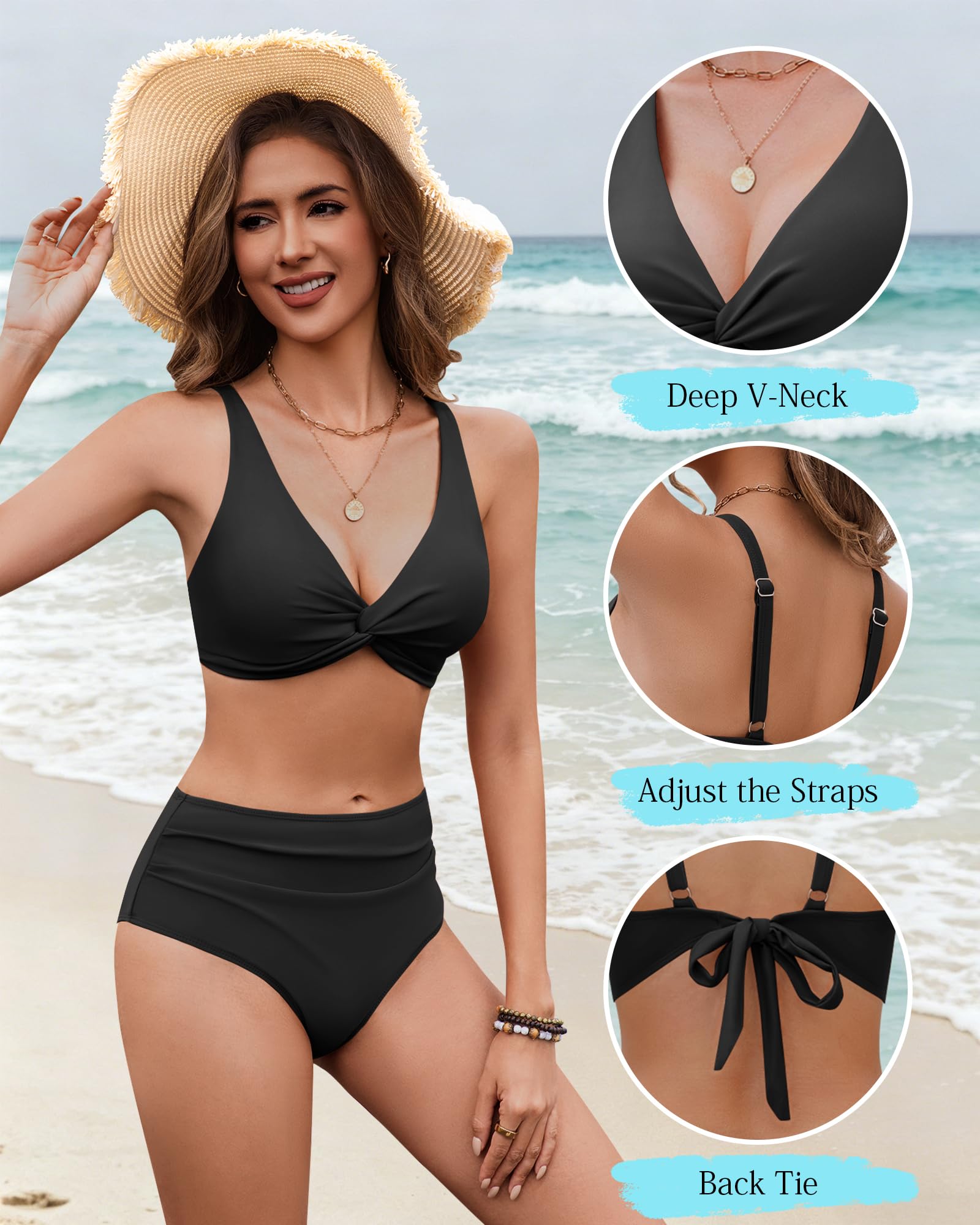 HORISUN High Waist Bauchweg Bikini Set für Damen mit Twist Front V Ausschnitt gepolsterten Einlagen Raffungen Rückenbindung verstellbaren Trägern Zweiteiliger Badeanzug ohne Bügel