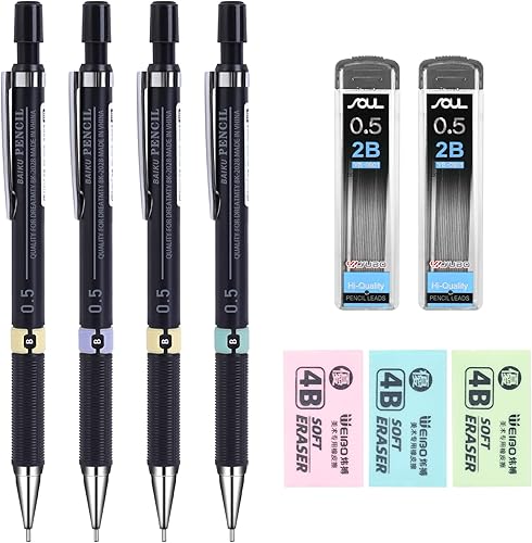 weibo Juego de lápices mecánicos 4 lápices automáticos de 05 con 2 cajas de 2B correas de lápiz y 3 gomas de borrar 4B para dibujar bocetos