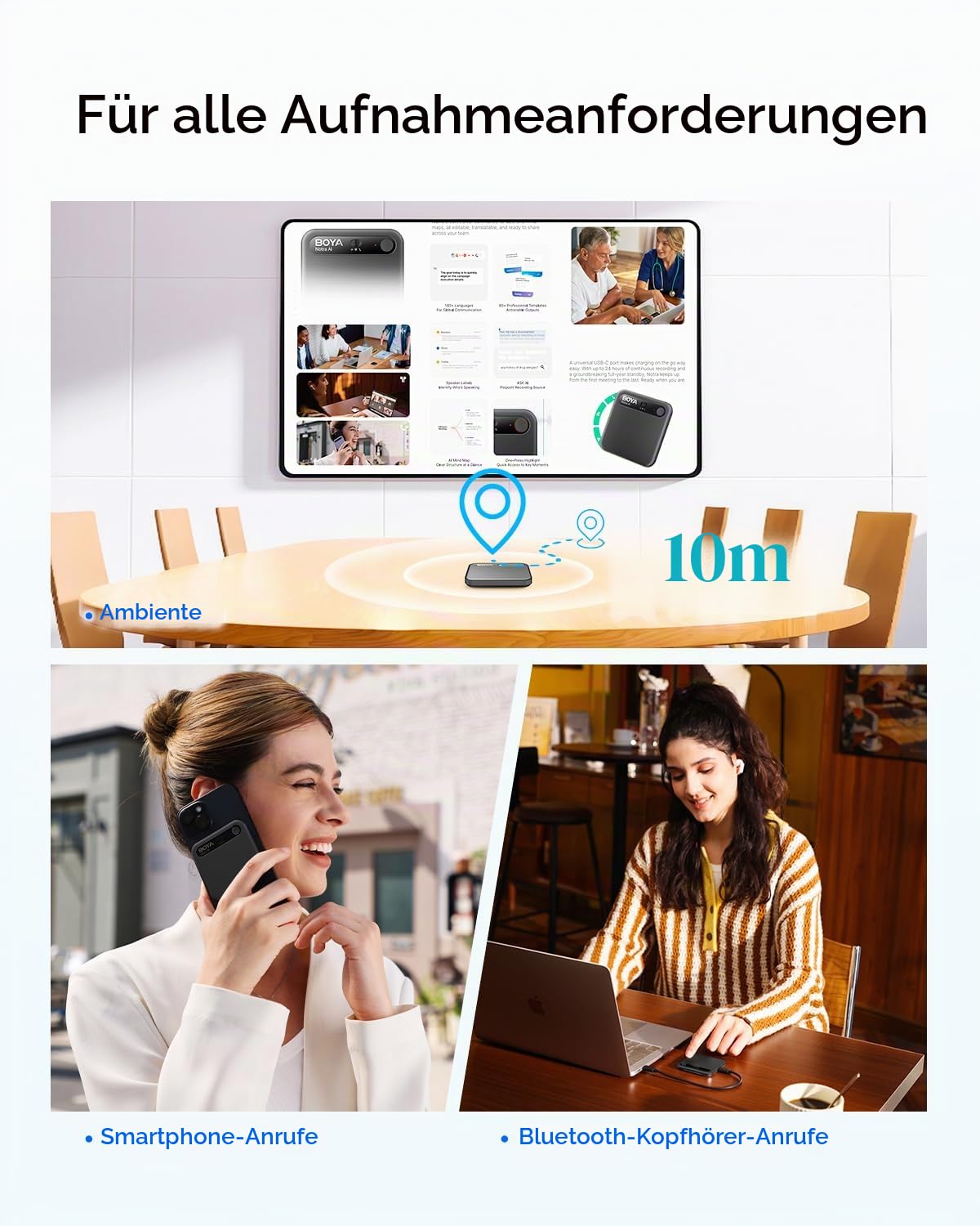 BOYA Notra KI Diktiergerät, KI-Transkription intelligente Zusammenfassung, über 140 Sprachen, 64 GB Speicher, magnetischer Notizblock für Besprechungen, Vorlesungen und Interviews Meetings