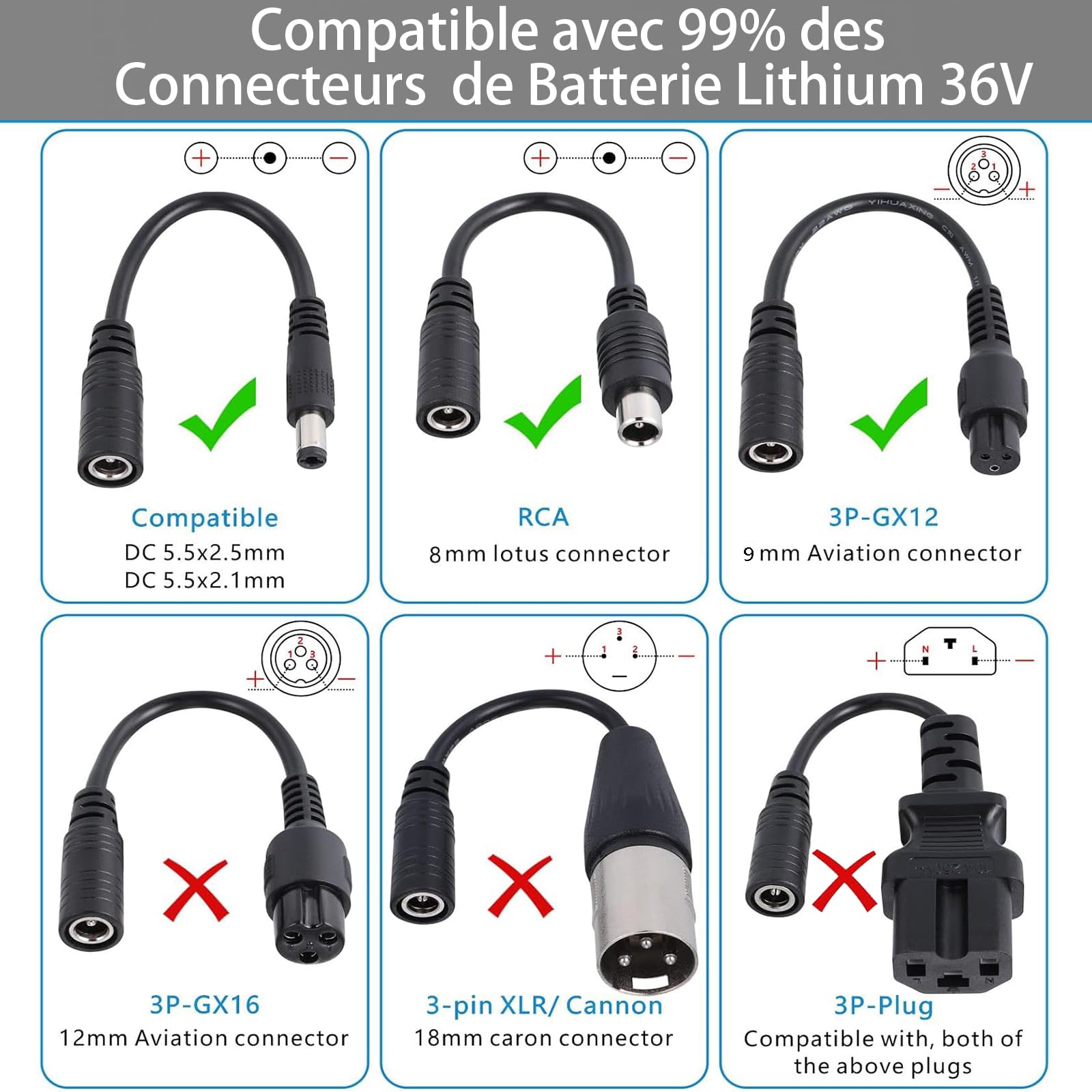 Chargeur Trotinette Electriqu, 42V 2A Universel Chargeur Hoverboard 36V Batterie de Trottinette avec 4 Connecteurs pour M365,E-Scooter,Hoverboard,Scooter Electrique