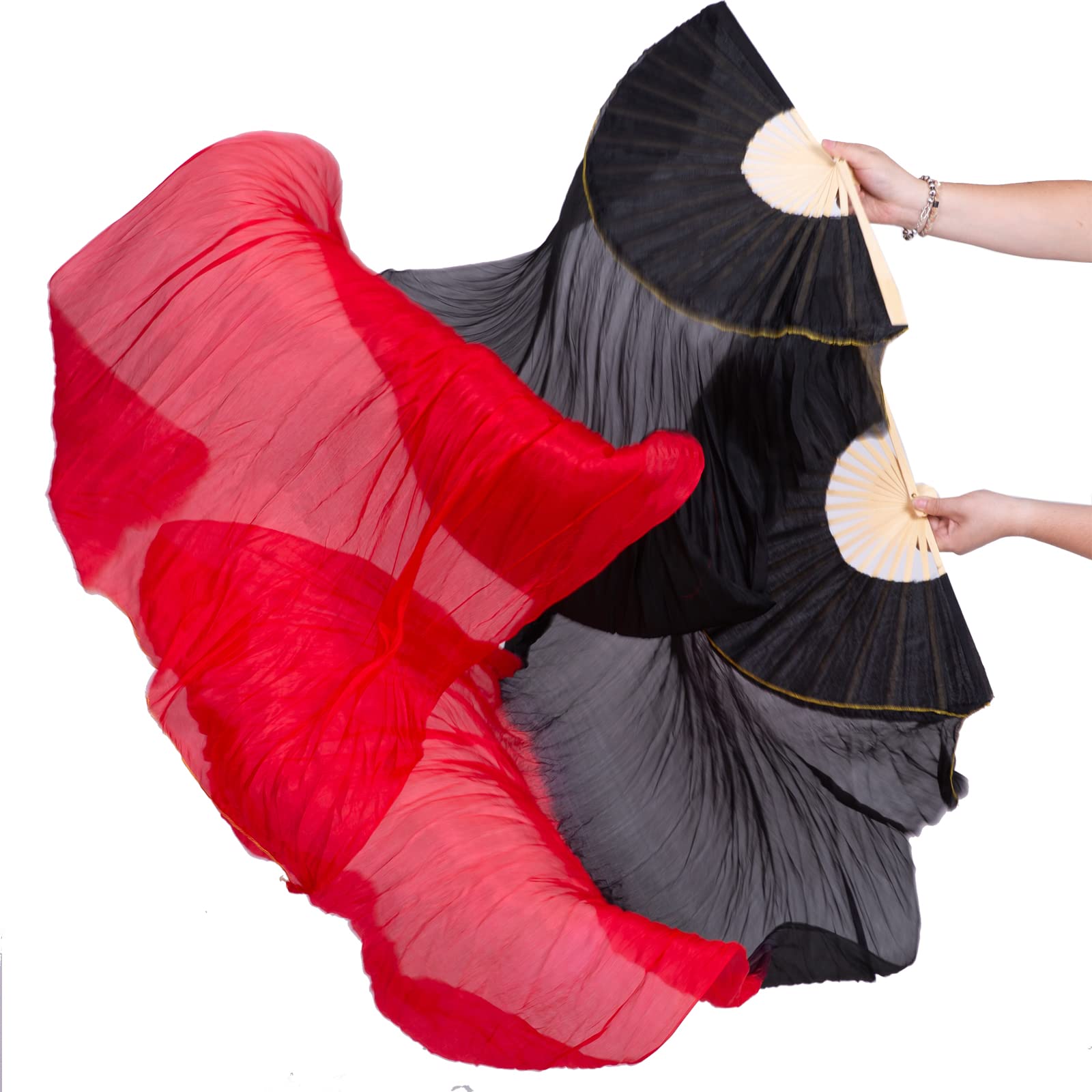 FJYIRI 1 Pair(Left+Right) Women Belly Dance Long Real Silk Fan Veils (Gradual Red)