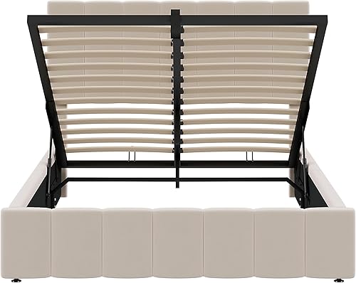 Miniatura 129 de Base de cama LED tapizada tamaño Queen, plataforma flotante de terciopelo con cabecero, MDF moderna y cama de madera contrachapada (beige-081)