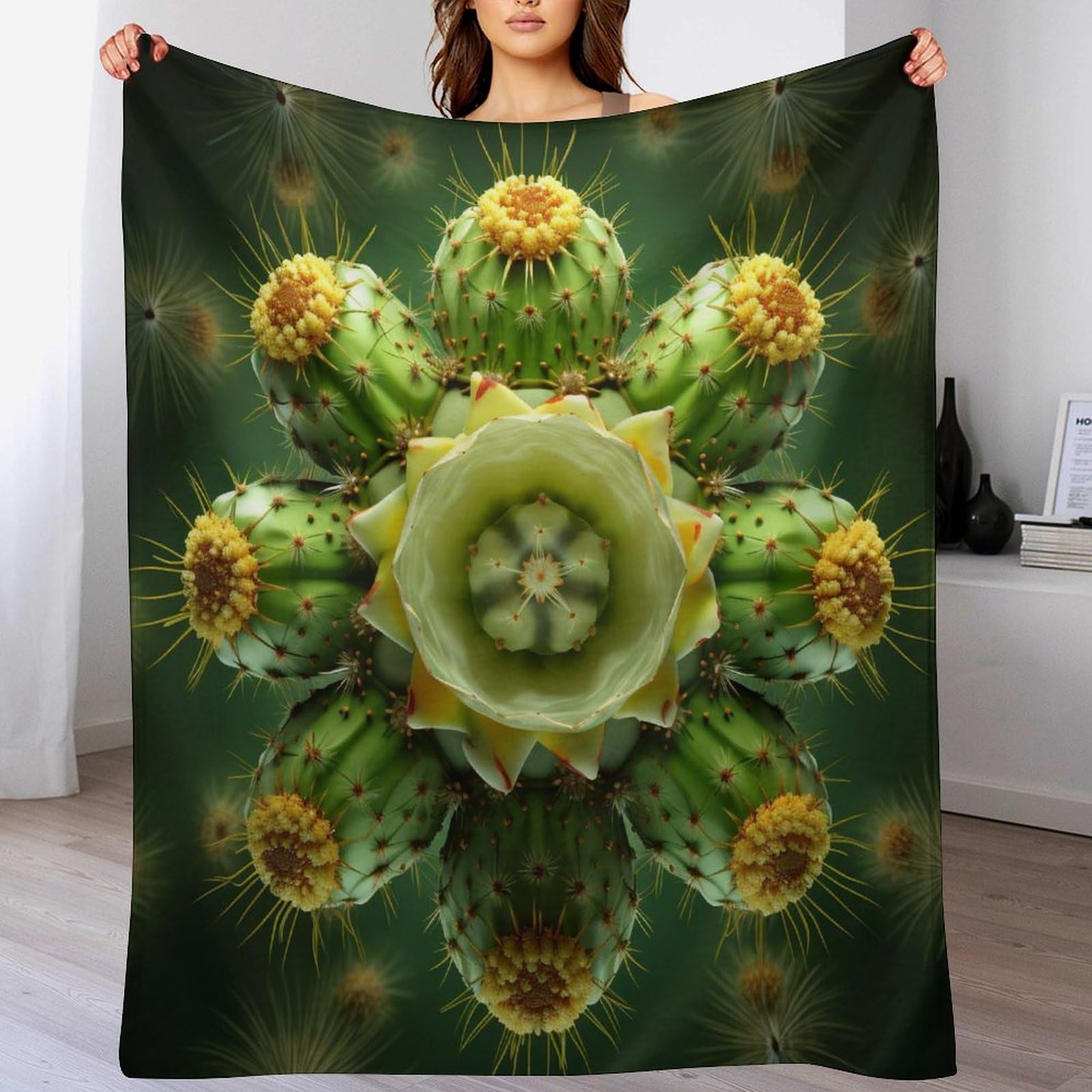 Plaid polaire canapé cactus en flannel douce et chaude de 130x150cm