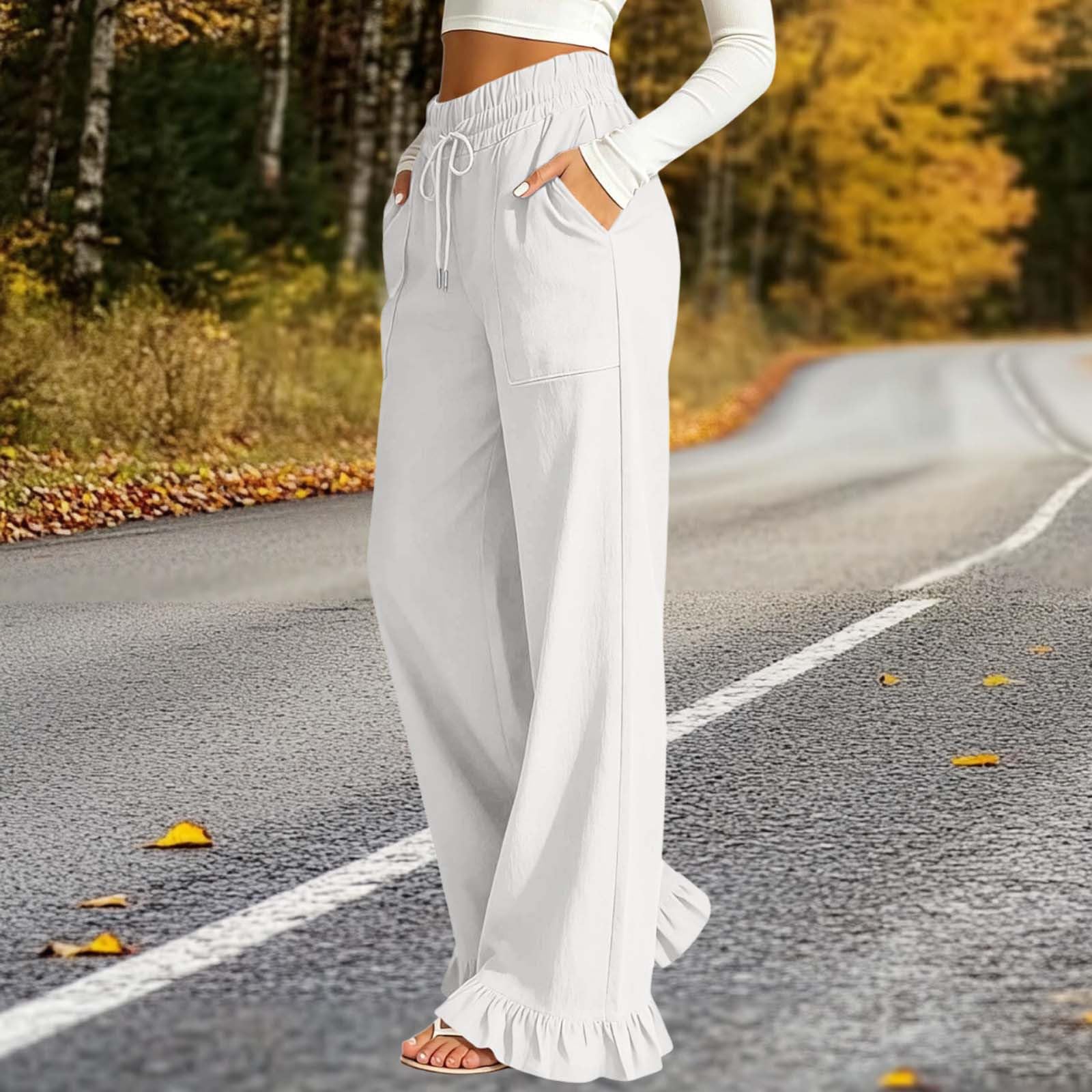 Générique Pantalon Large en Style Lin avec Volants Au Bas pour Femme - Pantalon Décontracté avec Poches Et Taille Élastique, Idéal comme Pantalons D'Été pour Le Quotidien Et Les Sorties.
