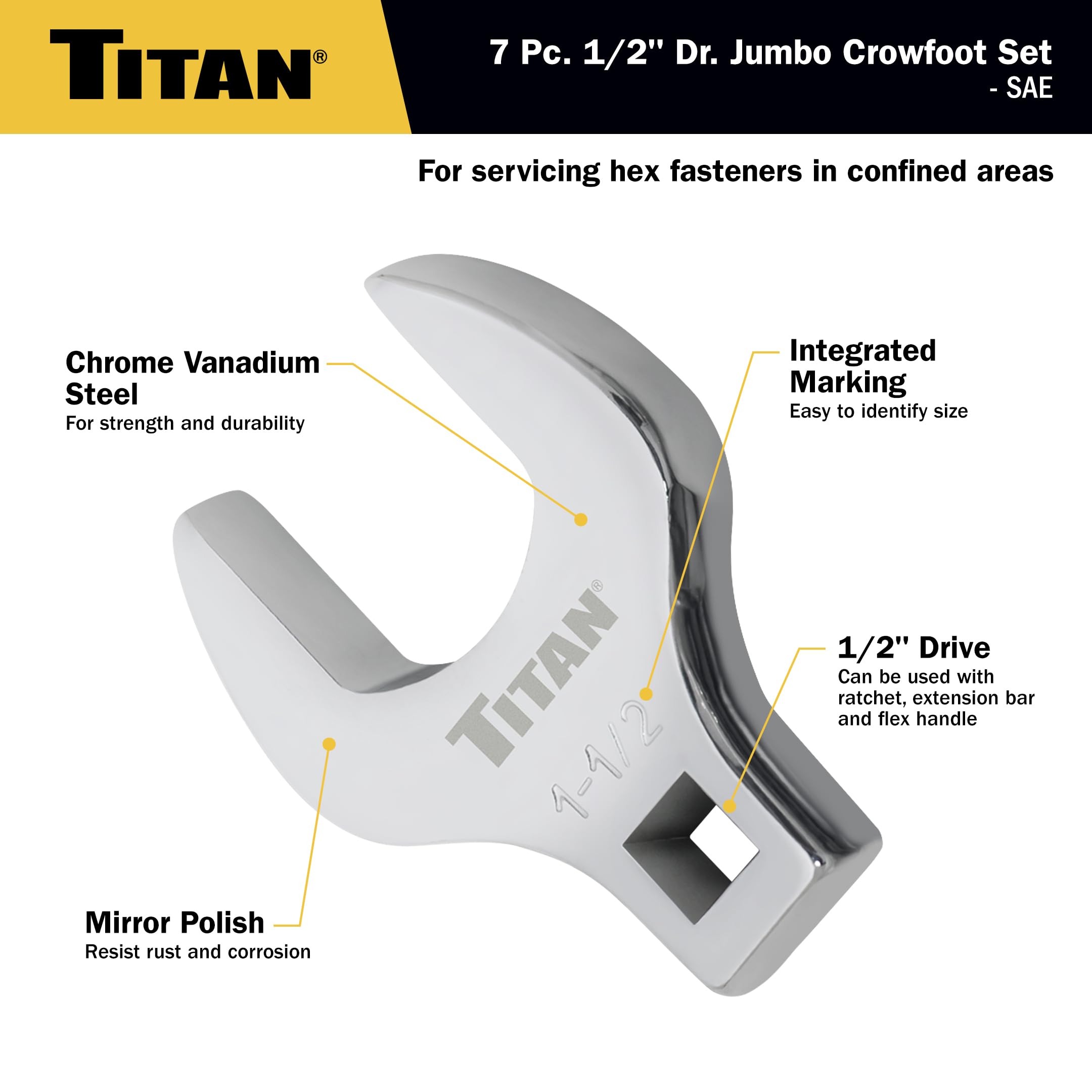 Titan 17671 Jeu de 7 clés à molette SAE Jumbo Crowfoot 1/2"