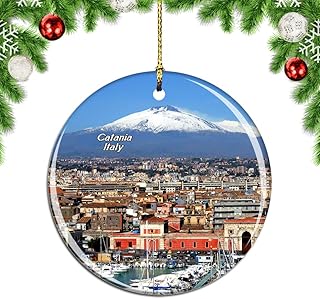Weekino Italy Mount Etna Catania Sicily Christmas Xmas Tree Ornament Decoration Hanging Pendant Decor City Travel Souvenir Collection Double Sided Porcelain 2.85 Inch