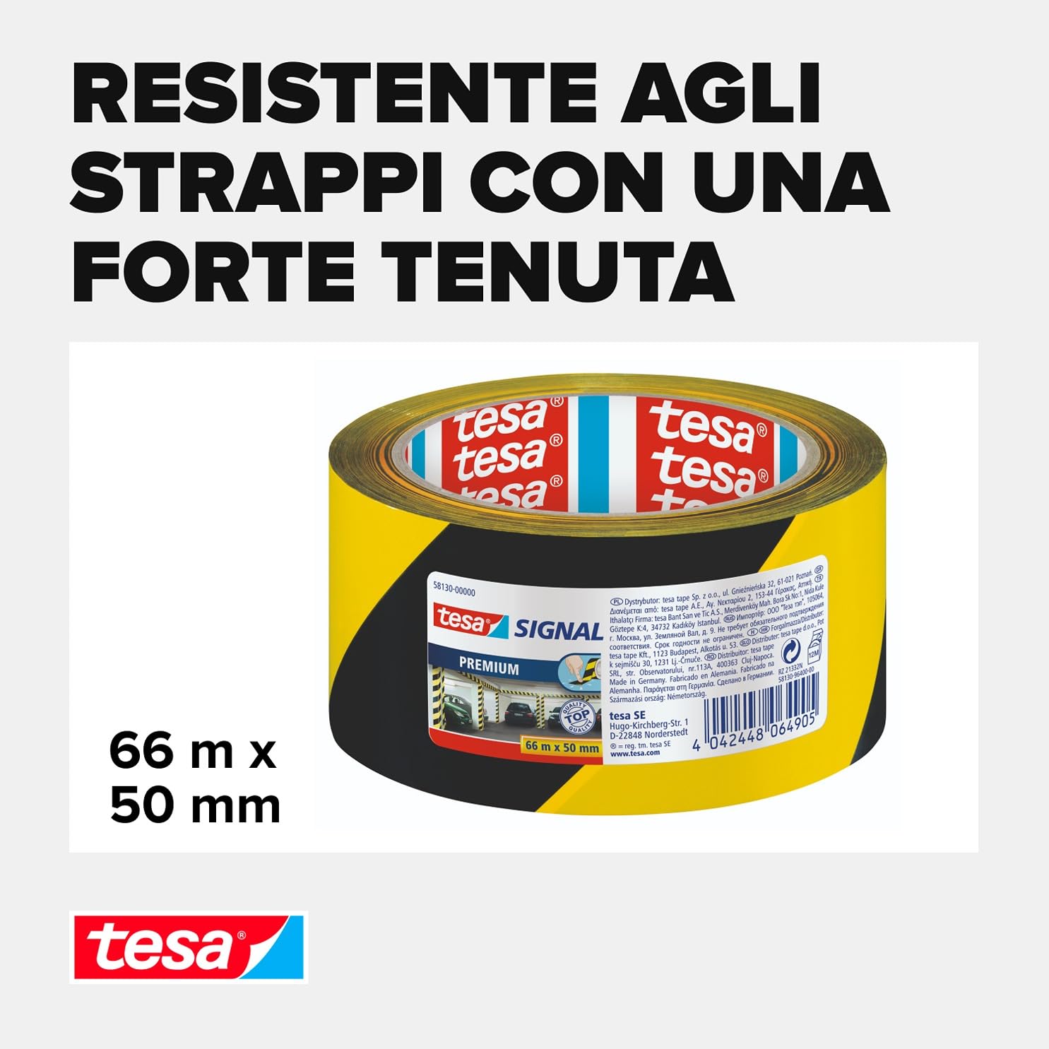 tesa® Signal Premium Nastro da Segnalazione, 66m x 50mm, Giallo/Nero