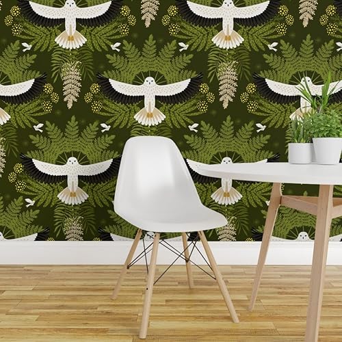 Miniatura 3 de Spoonflower Muestro de papel tapiz extraíble - Woodland Damasco Pájaro Botánico Moderno Selva Halcón Búho Helecho Hojas Papel pintado personalizado