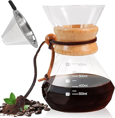 Miniatura 11 de Juego de cafetera para verter sobre 33.8 fl oz, 33.8 onzas, cuenta con filtro de acero inoxidable 304, cafetera de vidrio con pico de borosilicato