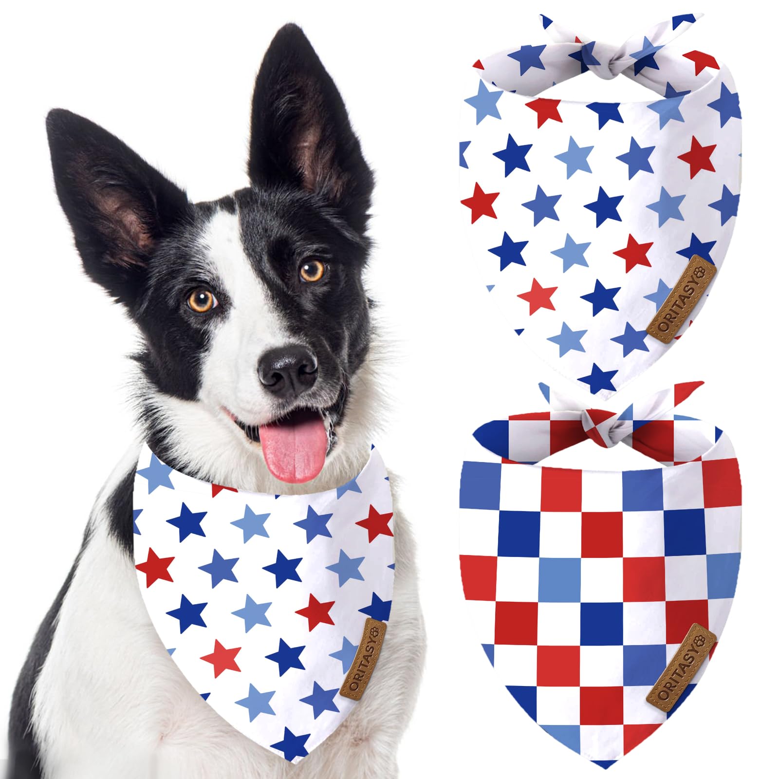 Oritasy Checkered 4th of July Dog Bandanas, 2-Pack Triangle Reversible Pet Scarves, Premium Fabric, US American Flag Bandana for All Dogs (Large,