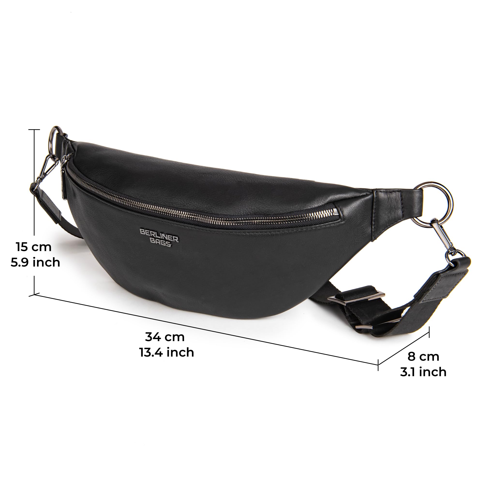 Berliner Bags Mona XL Riñonera y Bolso Bandolera de Piel Auténtica Unisex, con Cremallera YKK, Correa Ajustable y Diseño Compacto para Viajes y Uso Diario – Negro