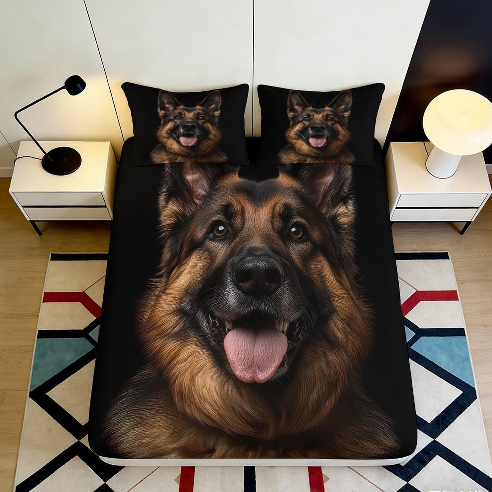3D Printed German Shepherd Dog Fitted Sheet Microfiber Soft Black Animal Bed Cover for Bedroom Guest Room Mattress Protection 200x200x25cm