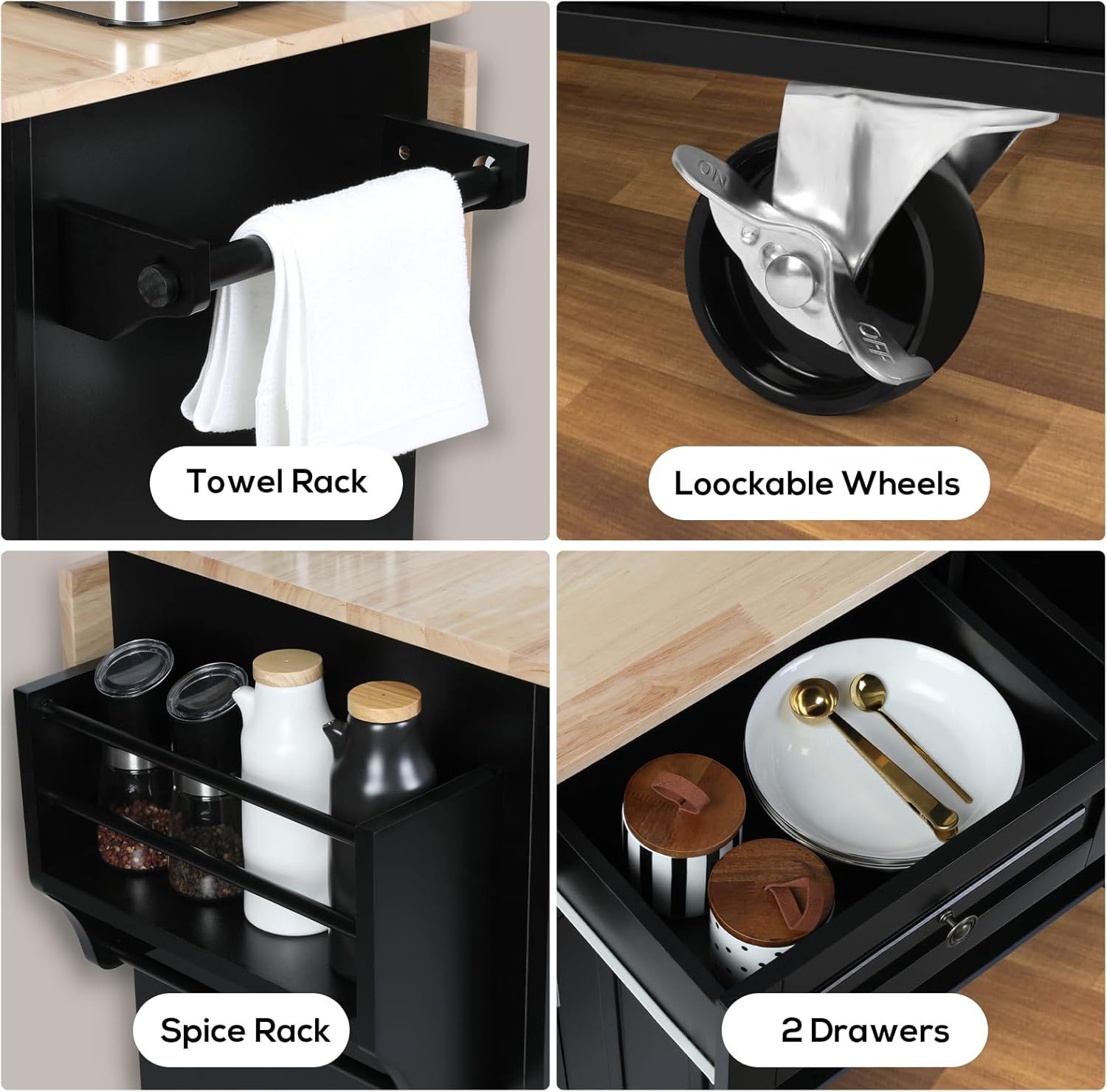 VOWNER 43" W Kitchen Island with Drop Leaf, Rolling Kitchen Island with Drawers, Portable Island Kitchen with Storage, Butcher Block Kitchen Cart with Spice Rack & Towel Rack (Black)