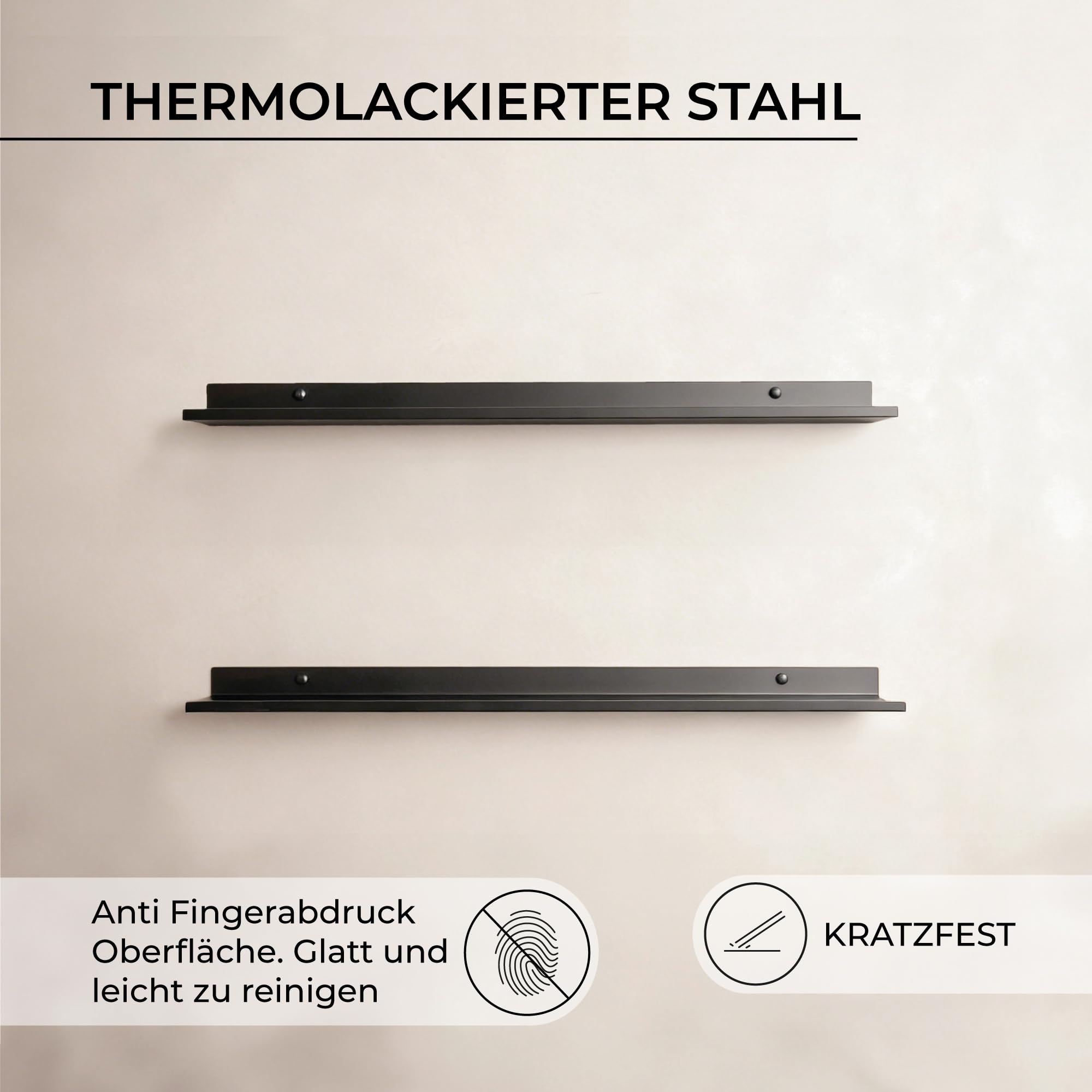 MILUKA Wandregal Schwarz aus Metall 70 x 10 cm, 2er Set, kombinierbar | Schmales Schweberegal und Bilderleiste für Bilder, Kosmetik, Fotos und Bücher, verhindert Herunterfallen, Made in Spain