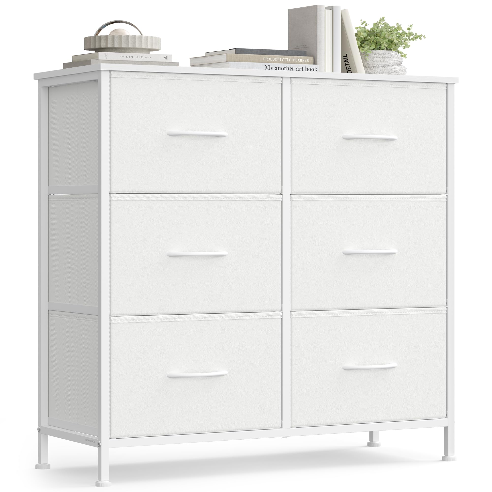 SONGMICS Chest of Drawers, 6 Fabric Drawers Storage Unit, Steel, MDF, Non-Woven Fabric, for Bedroom, Closet, Hallway, Living Room, Cloud White and Snow White LGS123WH01