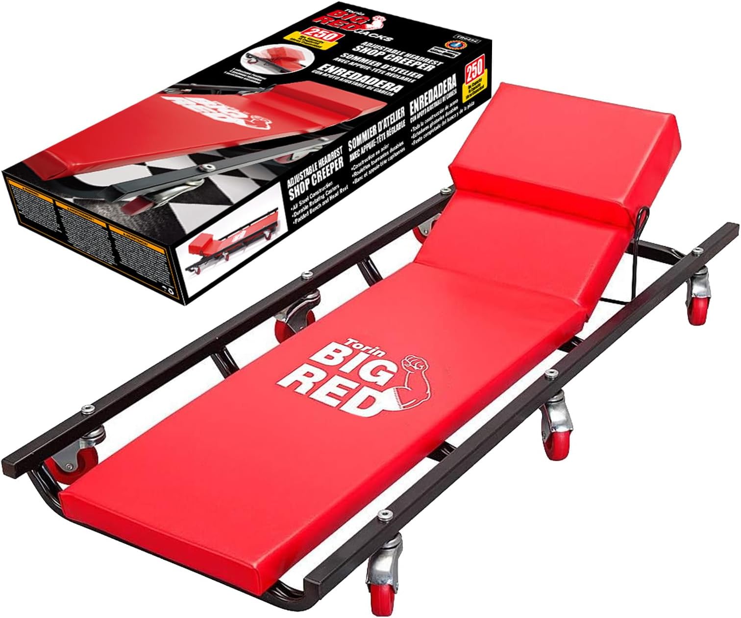 BIG RED TR6452 Torin Rolling Garage/Shop Creeper: 40" Padded Mechanic Cart with Adjustable Headrest and 6 Casters, Red