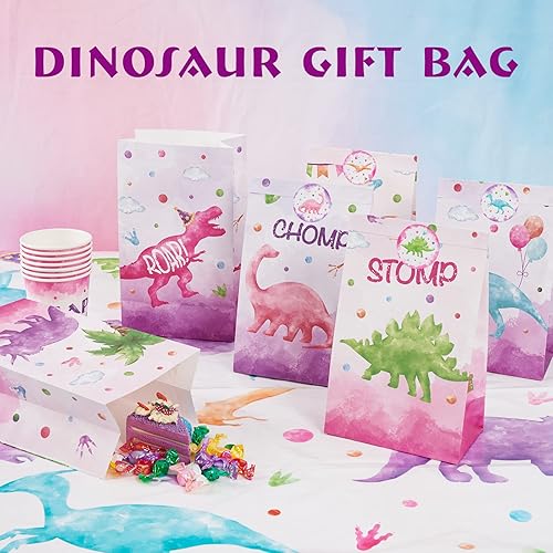 Miniatura 5 de WERNNSAI Bolsas de regalo de dinosaurios de acuarela, 24 bolsas de recuerdos de fiesta de dinosaurios rosas con calcomanías para niñas y niños,