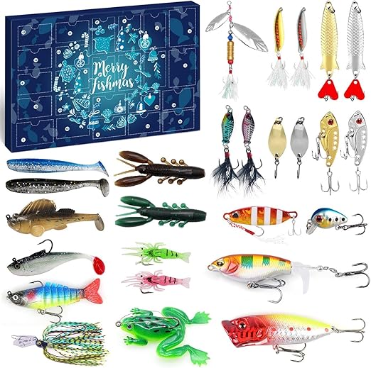 MOVINPE Fishing Advent Calendar for Adult Men Teen Boys, 2025 Fishing Lure Christmas Gifts, 24 Days Topwater Lures Fishing Spoons Minnow Popper Crankbait for Fishing Lovers Father Boyfriend Brother