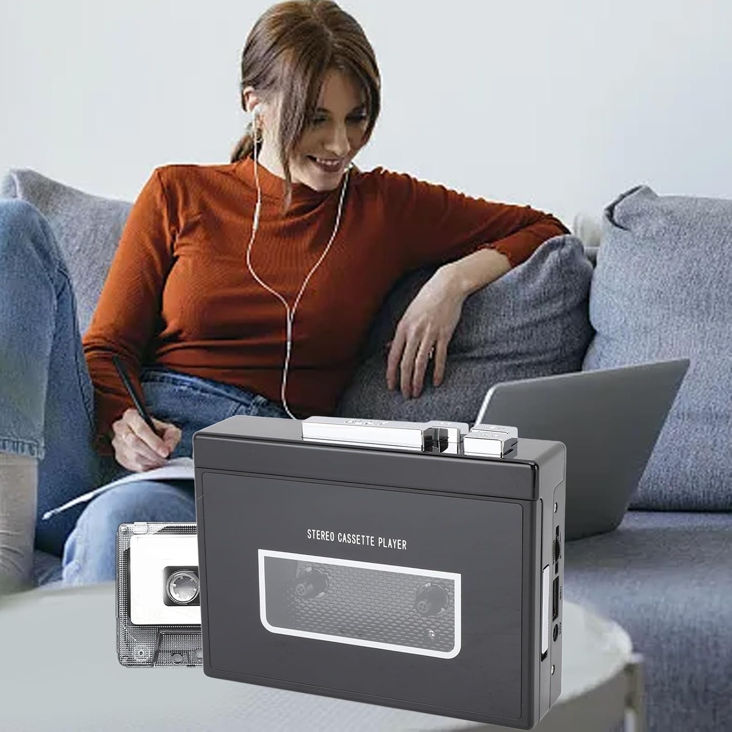 Bewinner Retro Stereo Cassette Player with Earphones, Bluetooth 5.0 Vintage Auto Reverse USB Cassette to MP3 Converter, Playback and Control (B)