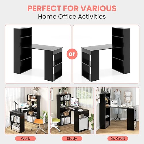 Miniatura 13 de Escritorio para computadora de 48 pulgadas con estantería, escritorio de estudio reversible con estantes de almacenamiento y soporte para CPU,