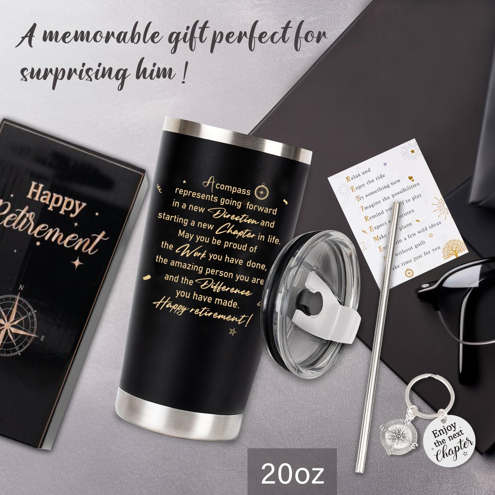 Retirement Gifts for Men 2026, 20 Oz Retired Tumbler Cup with Lid & Straw, Best Retirement Gift Set Stainless Steel Cup with Keychain & Card for Men Him Husband Teachers Boss Doctors Coworkers, Black
