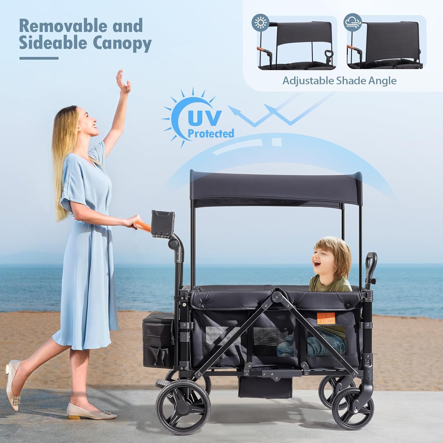 Wagon Stroller for 2 Kids, All-Terrain Wagon for Kids with Footwell, Canopy, Parent Organizer, Adjustable Handle & Pull Bar for Infants (Black)