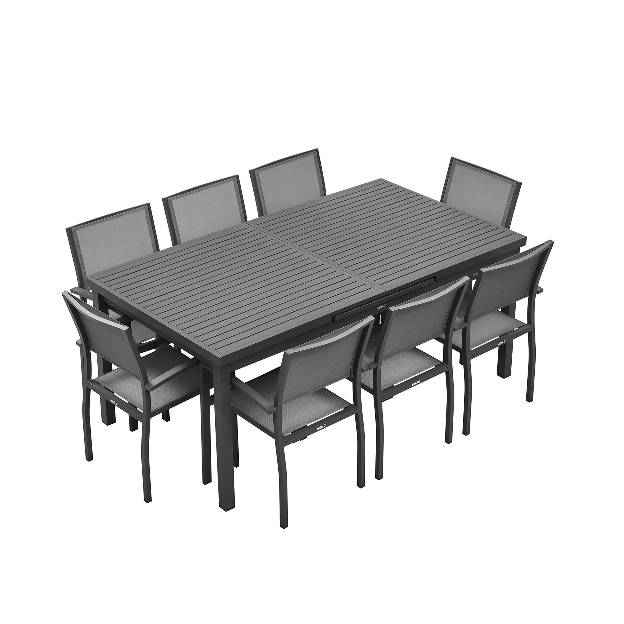HIGOLD Heck 9-stühliges Gartenmöbel Set mit ausziehbarem Tisch – Vollaluminium Terrassenmöbel, 8 stapelbare wetterfeste Textilene-Gewebe für Garten und Veranda | Kohleschwarz
