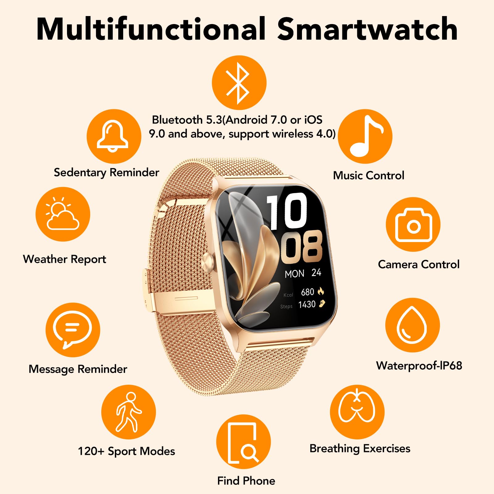 CASCHO Montre Connectée Femme avec Appel Bluetooth,1.85" HD Smartwatch Femme avec Fréquence Cardiaque/Sommeil/SpO2, 120+ Modes Sportifs, IPX7 Étanche Fitness Tracker, Montre pour Android iOS Doré