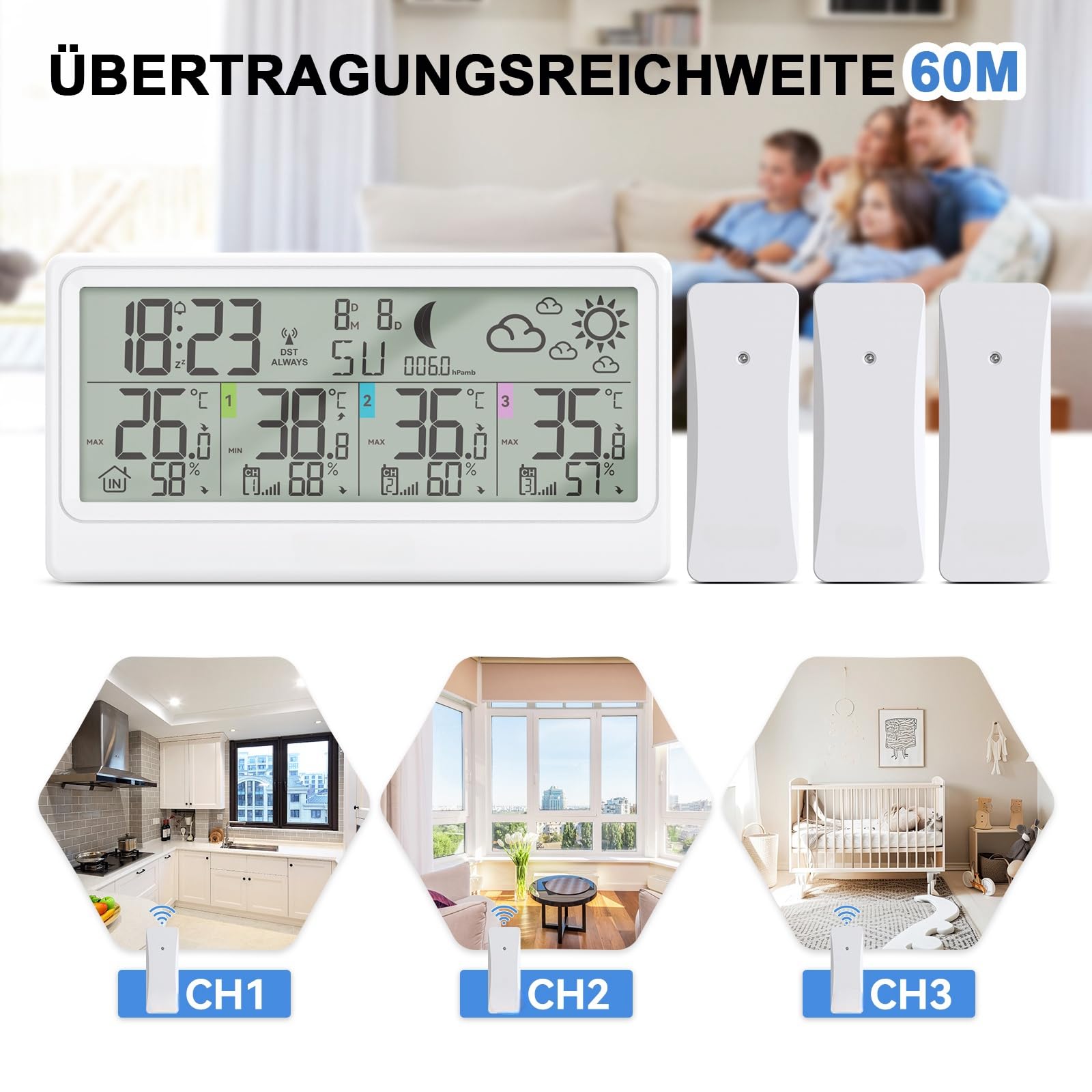 Wetterstation Funk mit 3 Außensensor, Innen- und Außenthermometer, Hygrometer, Barometer, Digitale Funkwetterstation mit 8,5"LCD-Display, Wettervorhersage, Mondphase, Wecker, Schlummerfunktion und RCC