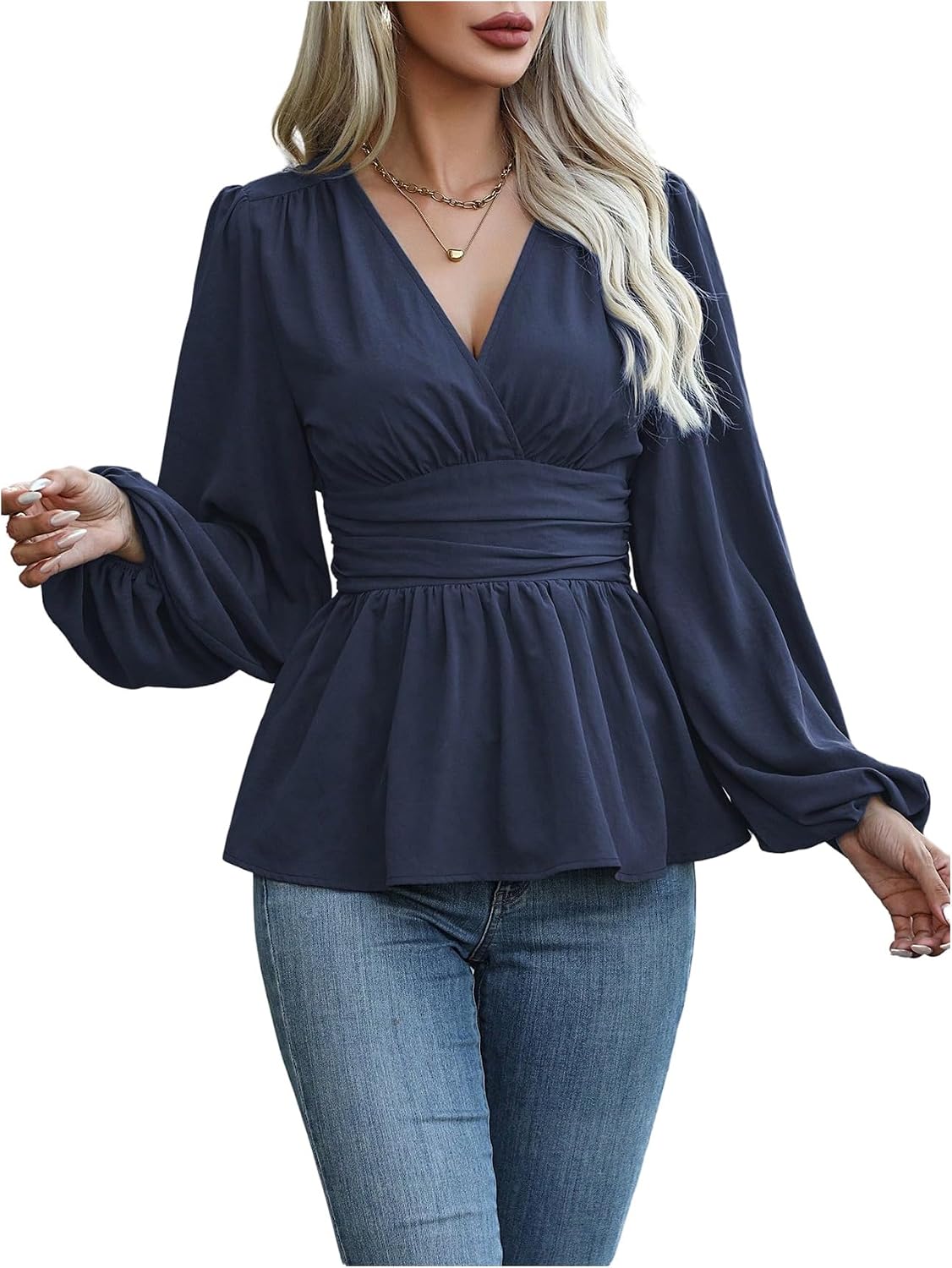 MakeMeChic Women's Wrap V Neck Peplum Tops | Business Casual Tops for Women, Ruched, Ruffle, Babydoll Tops, Long Sleeve Blouse Shirts