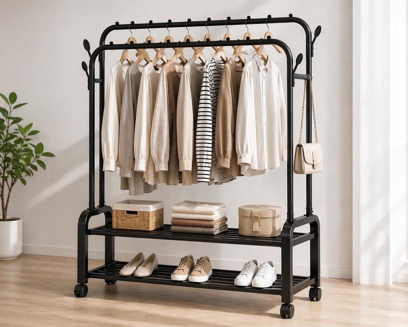 Appendiabiti Indipendente con Ripiani, Struttura in Metallo Nero, 150cm Altezza x 110cm Larghezza x 49cm Profondità, Capacità 780lb, Organizer per Vestiti Scarpe e Accessori
