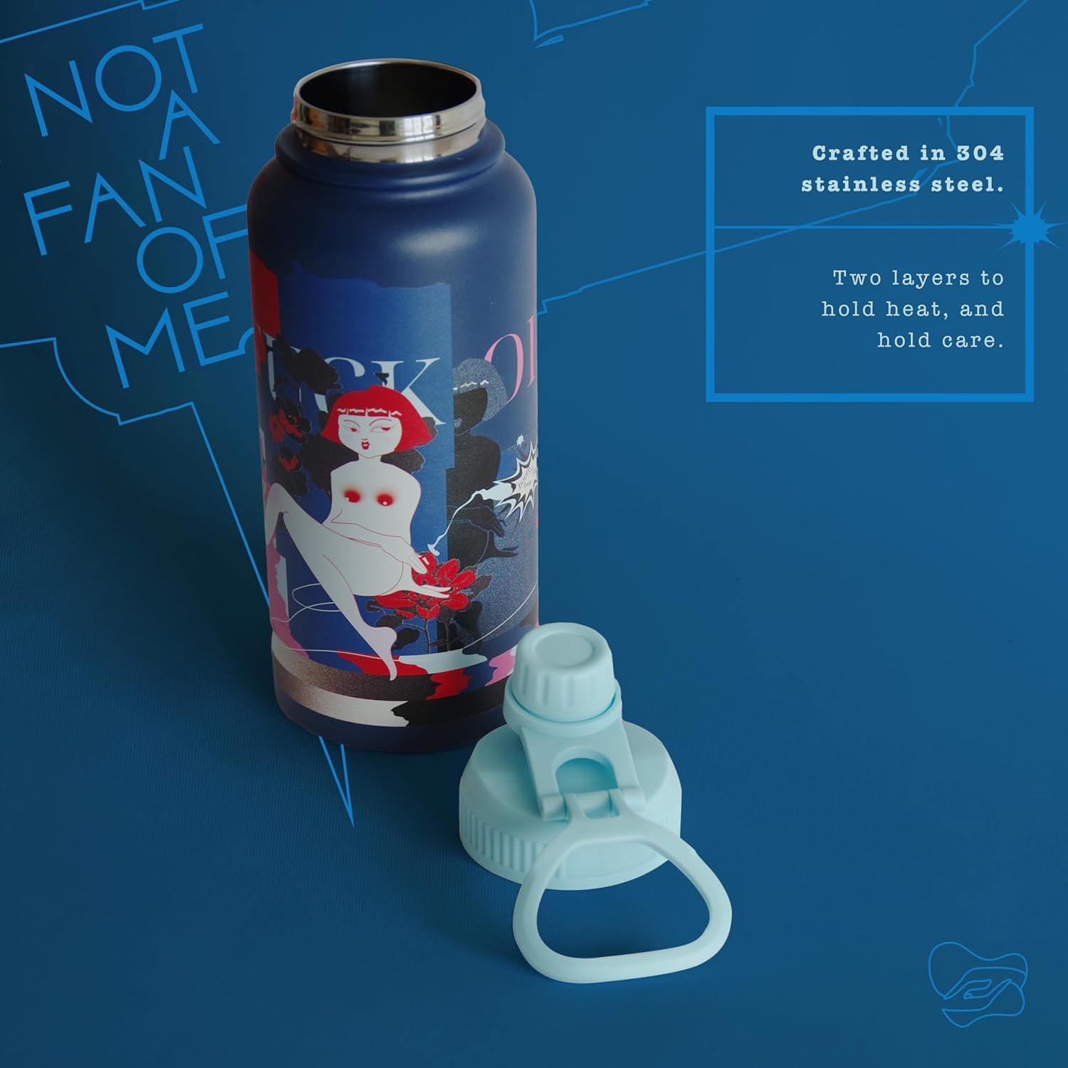 32oz Artistic Stainless Steel Water Bottle – “Not a fan of me?” Hand-Designed by Artist, Red-Haired Girl Art Print, Unique Gift for Creatives, Sport & Travel