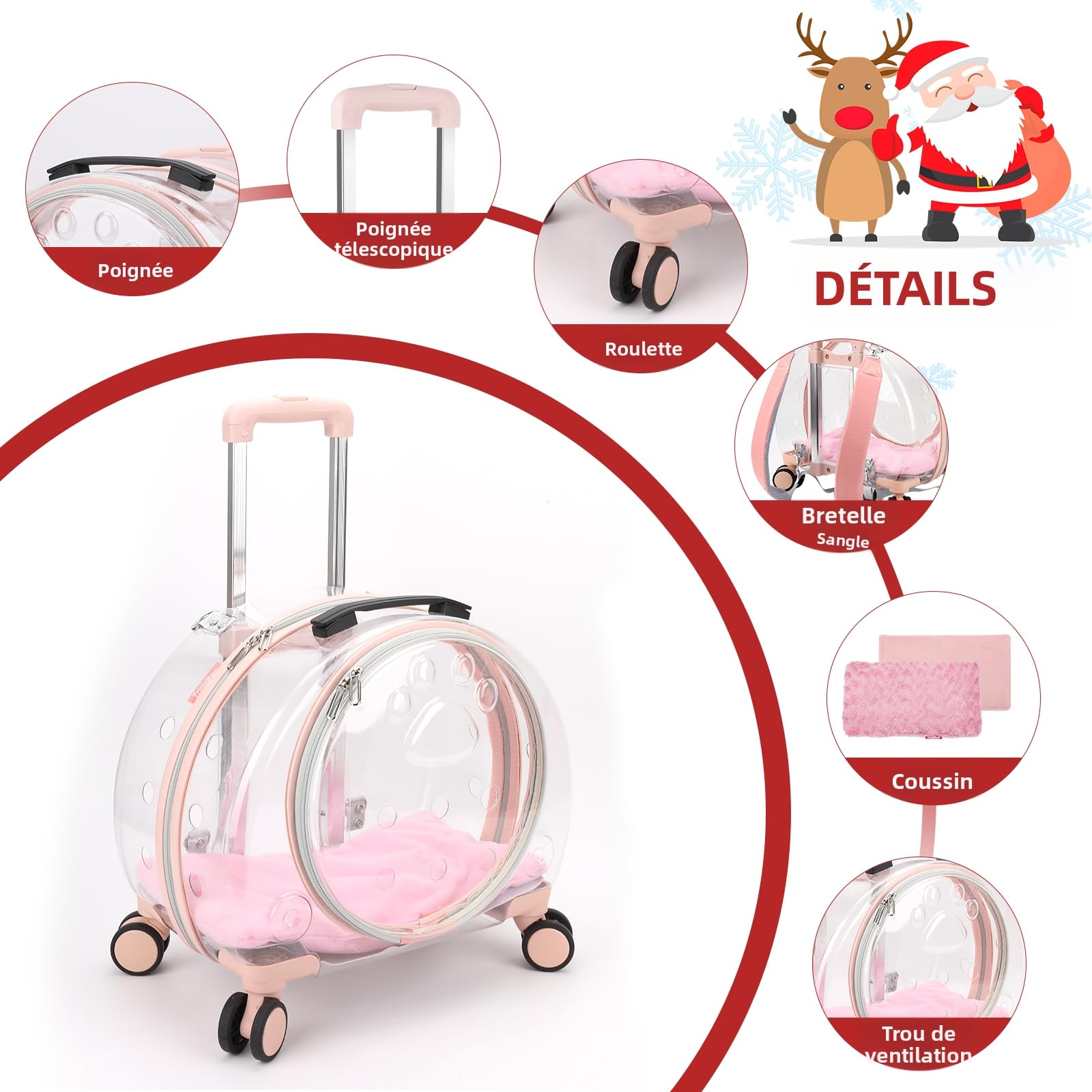 Mochila para gatos/perros con ruedas, transparente y transpirable, 3 en 1, maleta para gato/perro, carga máxima 8 kg, múltiples opciones de transporte, ideal para viajes/paseos/veto (rosa)