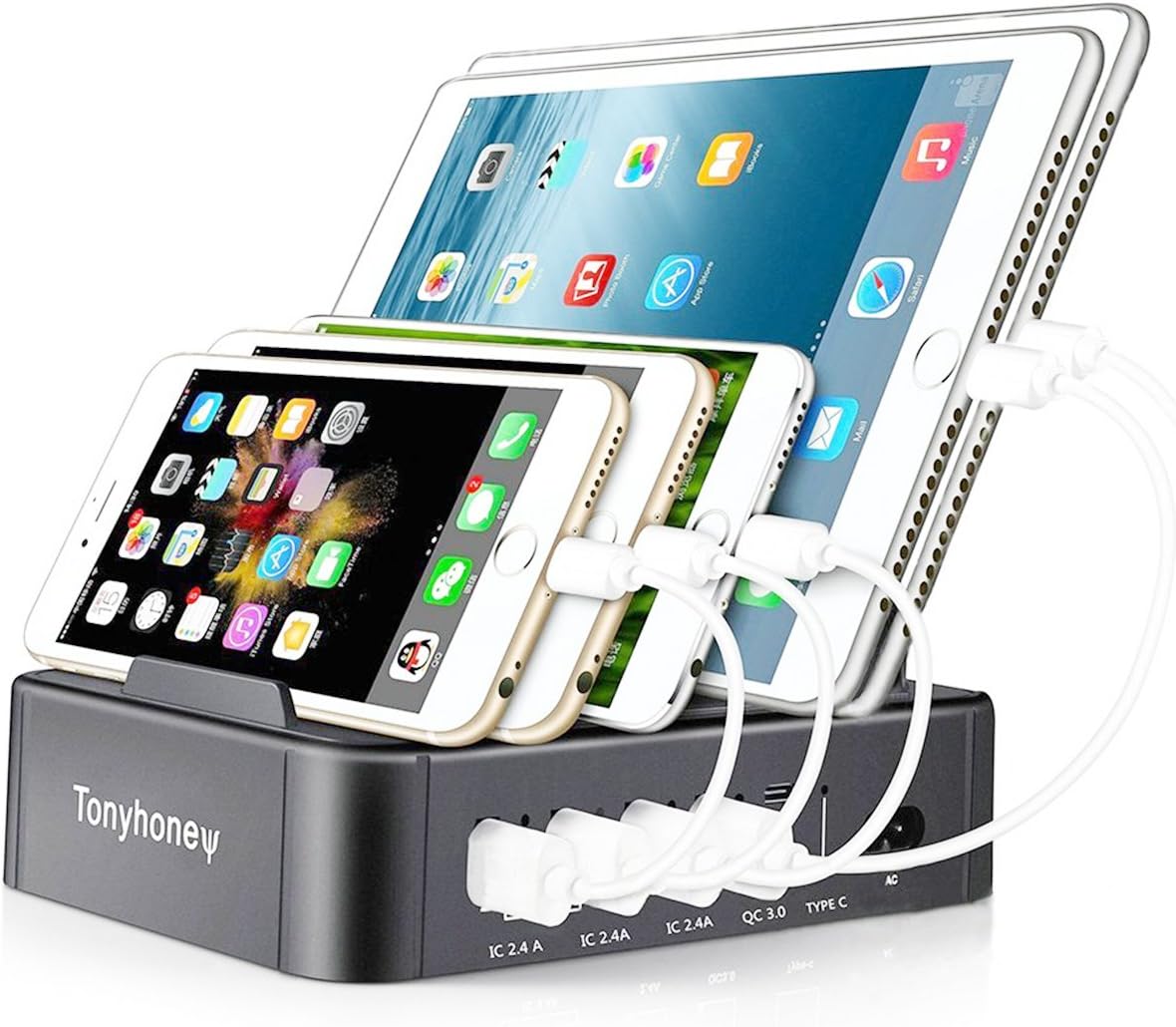 USB Chargr Station for Multiple Devices, TONYHONEY 5 Port Quick Charger Charging Desk Docking Organizer with 3.0 Compatible with for Cellphones, Tablet, iPhone, ipad, Kindle