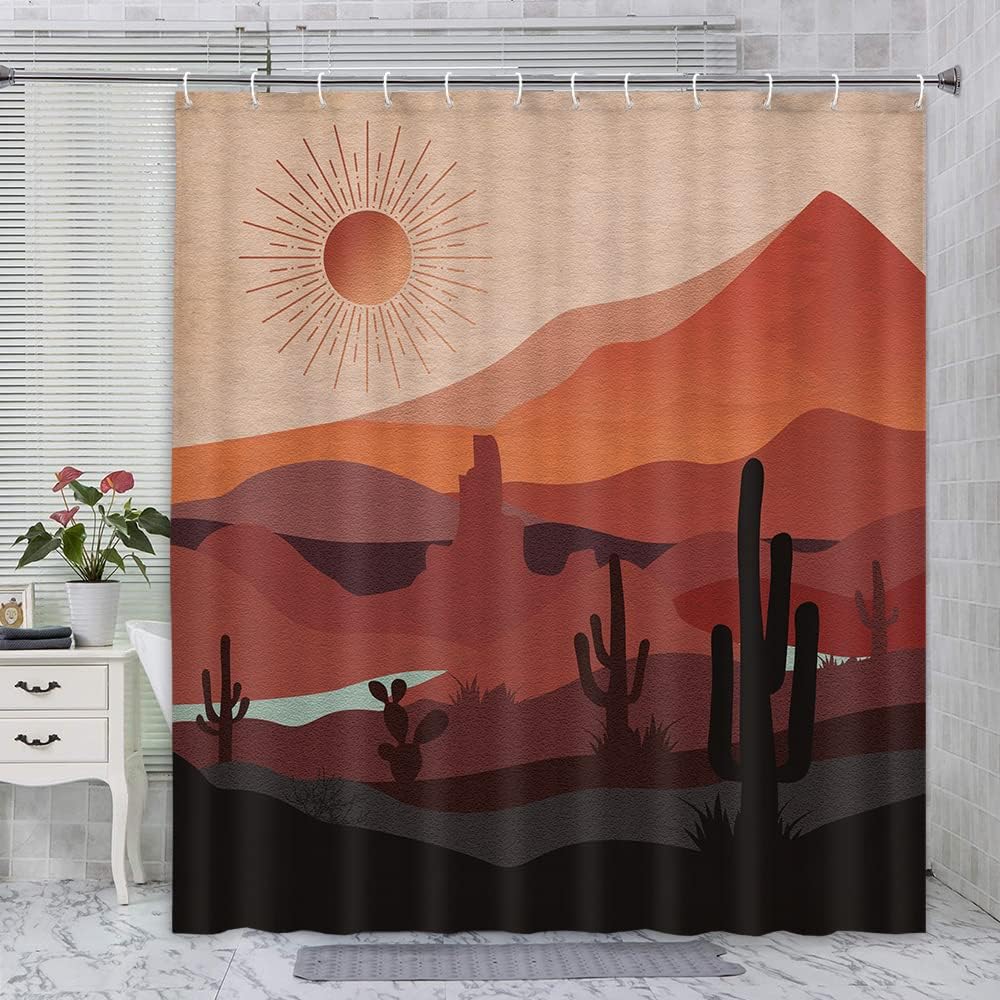 Boho Western Shower Curtain Modern Southwestern Mountain Cactus Arizona Desert Sunset Shower Curtain for Bathroom Mid Century Modern Retro Aesthetic Minimalist Fabric Bath Curtain with Hooks, 69X84IN