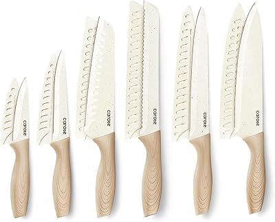 CAROTE 12PCS Knife set with Blade Guards,Granite Nonstick Ceramic Coating,Stainless Steel blade, Wood Grain Handle, Essential knife set,White
