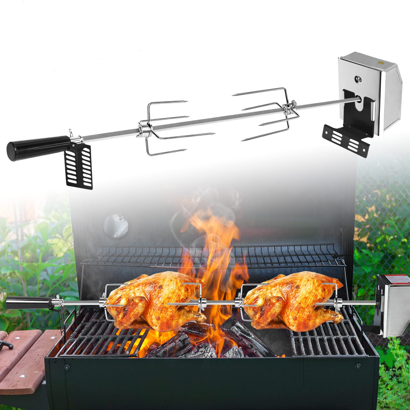 ACXIN Set spiedi elettrici in acciaio inox, 107 cm, motore, spilli da carne, spiedo girevole, griglia 2 forchette, per campeggio, feste, giardino, picnic (220-240V)