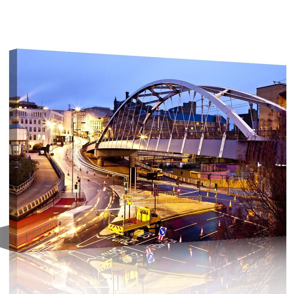 TISHIRON Sheffield Wall Art Decor Sheffield Tram Bridge and Lines by Night Canvas Paintings Canvas Print for Home Living Room Decor Stretched and Framed Ready to Hang - 12" W x 18" H — image 1