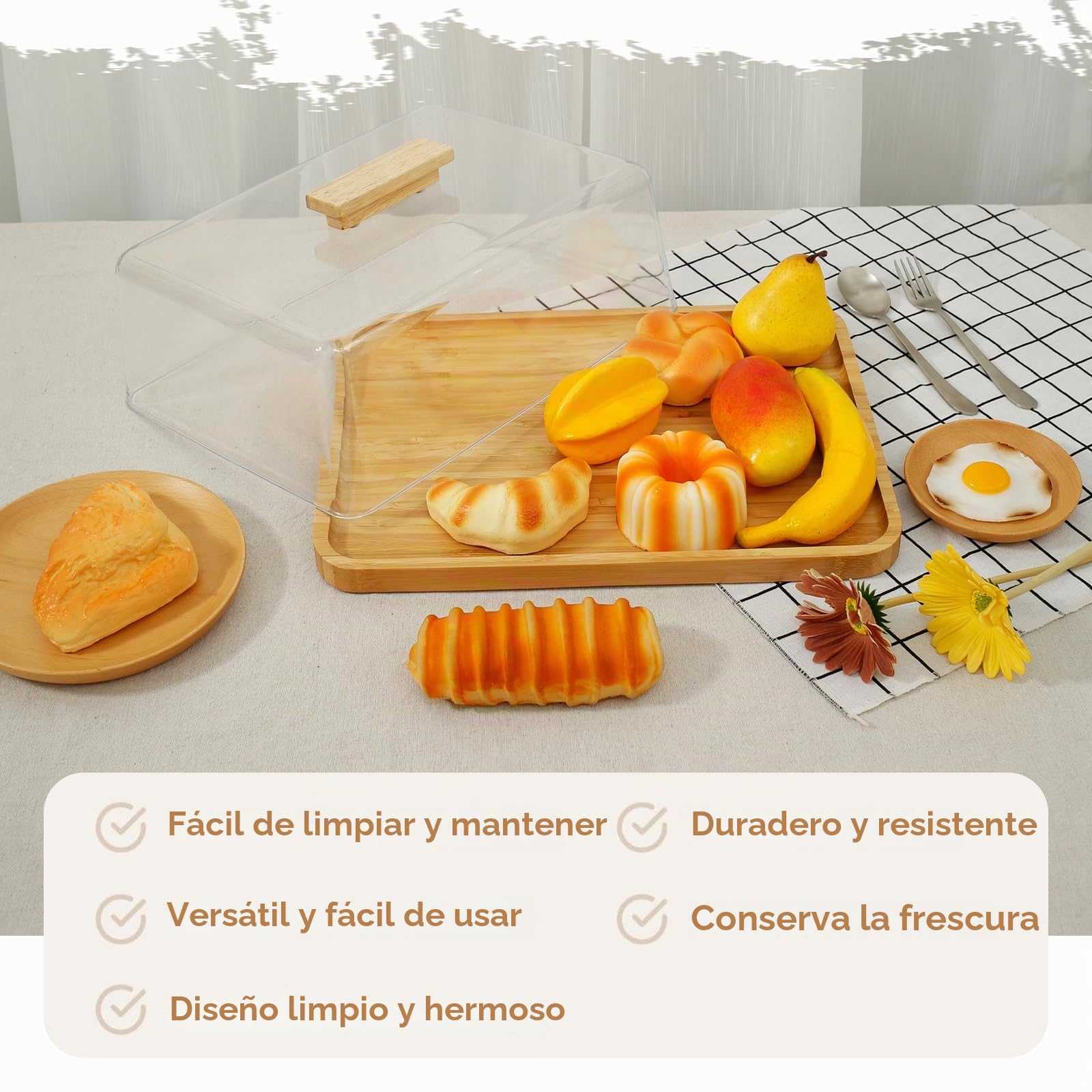 Soporte de bambú para tartas con tapa de cúpula de 36,5 x 27 x 15 cm, plato rectangular para cupcakes, bandeja de servidor, tabla de queso para cumpleaños, boda, fiesta, pan, postres