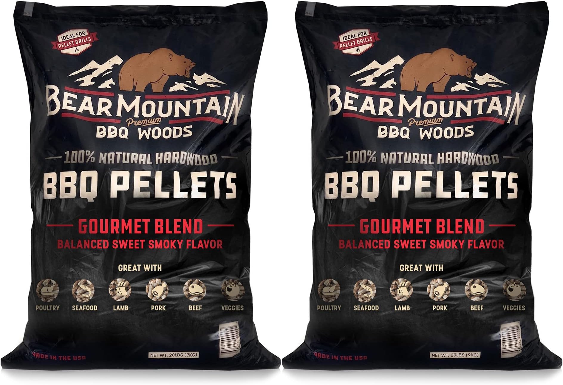 Bear Mountain 20 Pound Bag of Premium All Natural Low Moisture Hardwood Smoky Gourmet Blend Barbecue Smoker Pellets for Outdoor Grilling, 2 Pack