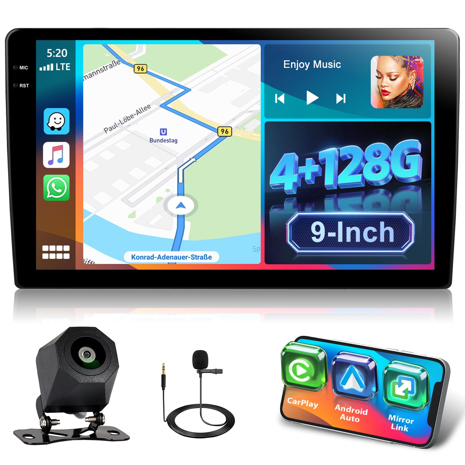 [4GB RAM + 128GB ROM] Motorsi CarPlay 2 Din Autoradio con GPS, 9" Android Auto Doppio Din Stereo Auto Bluetooth con Schermo, Assistente Vocale WiFi SWC FM/RDS Radio EQ MirrorLink + Telecamera