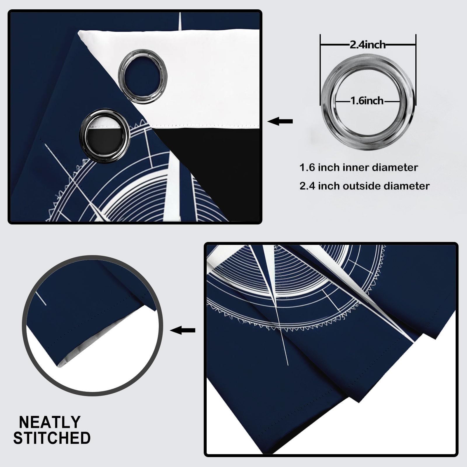 Rideau Occultant Art Vectoriel, Décoration Bleu Marine, Rideau Thermique Motif Rose des Vents, Lot de 2 Rideaux Opaque à Oeillets pour Fenetre Chambre Salon, 140L X 225H cm