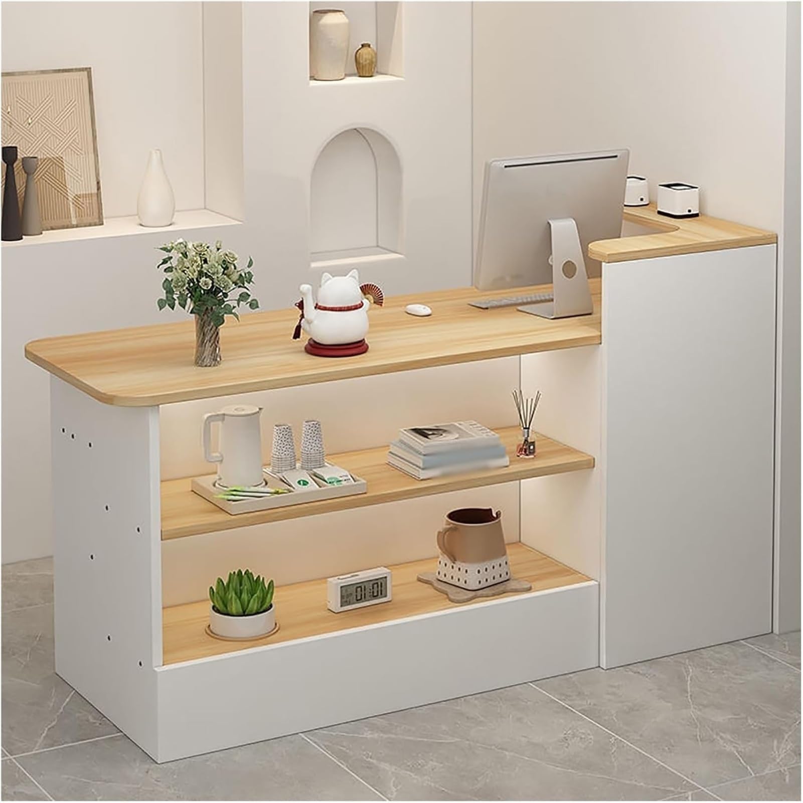 Banco Reception Banco Reception Curvo Alto Ufficio, Banconi Reception Forma L Estetica, Bancone Cassa per Negozio Angolare con Cassetto e Armadio(Walnut/Right,140x100x45cm)