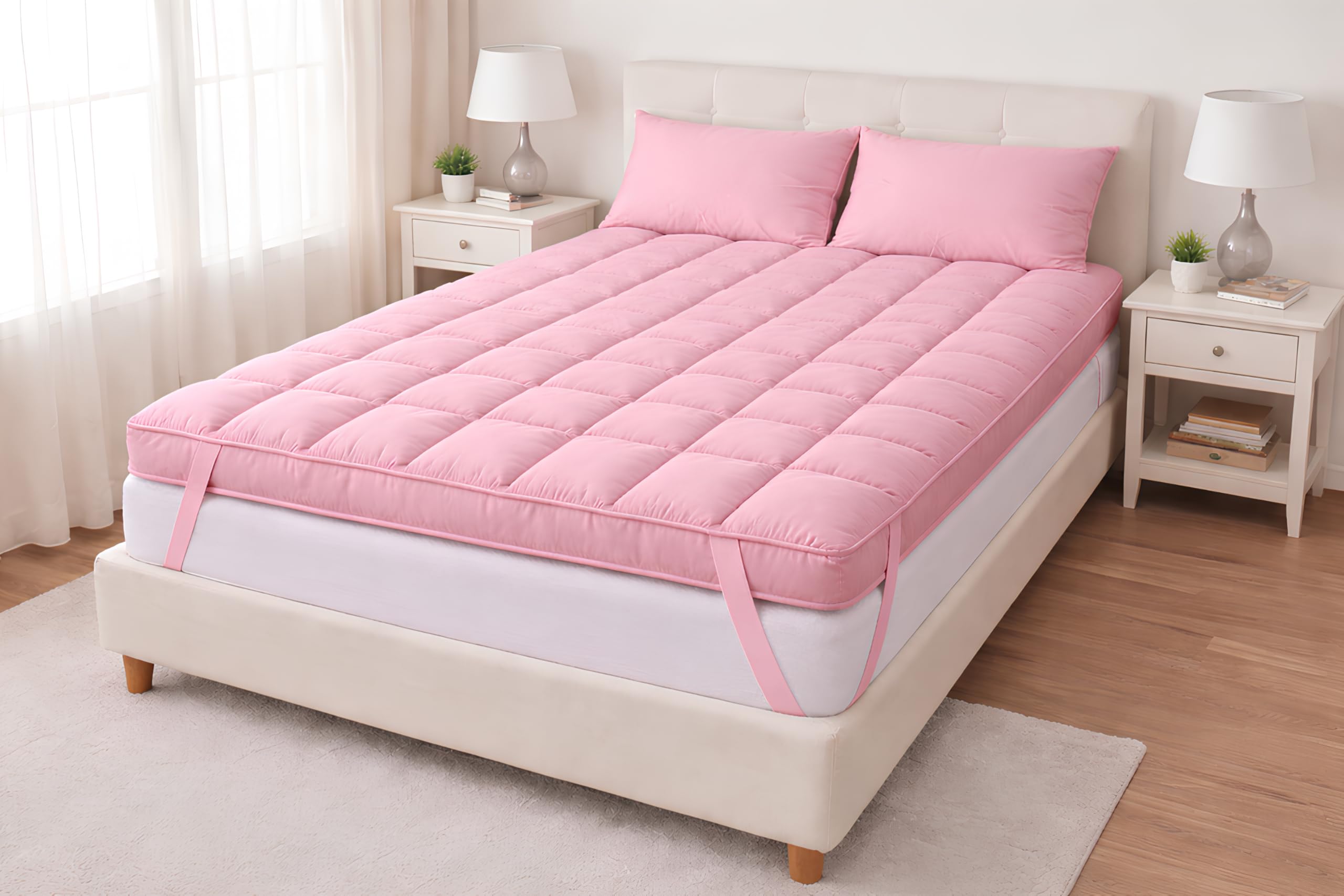 3000 GSM Ultra Thick Mattress Topper King Size 72x78 Inch Pink | Quilted Pillow Top Mattress Pad with Elastic Corner Straps | Jaipur Linen |-image-20