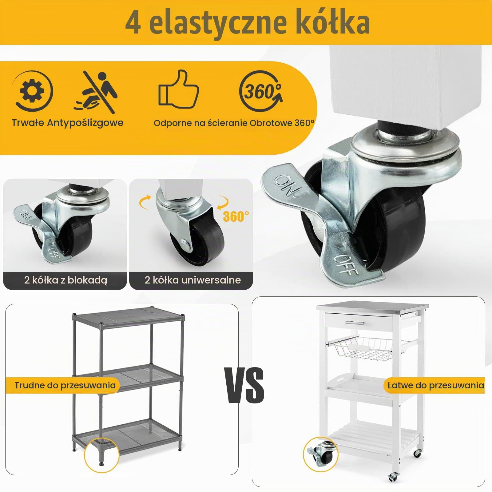 COSTWAY Mały wózek kuchenny, wózek do serwowania na kółkach, blat roboczy ze stali nierdzewnej, szuflada, kosz, wózek na kółkach, wyspa kuchenna, wózek kuchenny, styl wiejski, biały, 47 x 39 x 85 cm