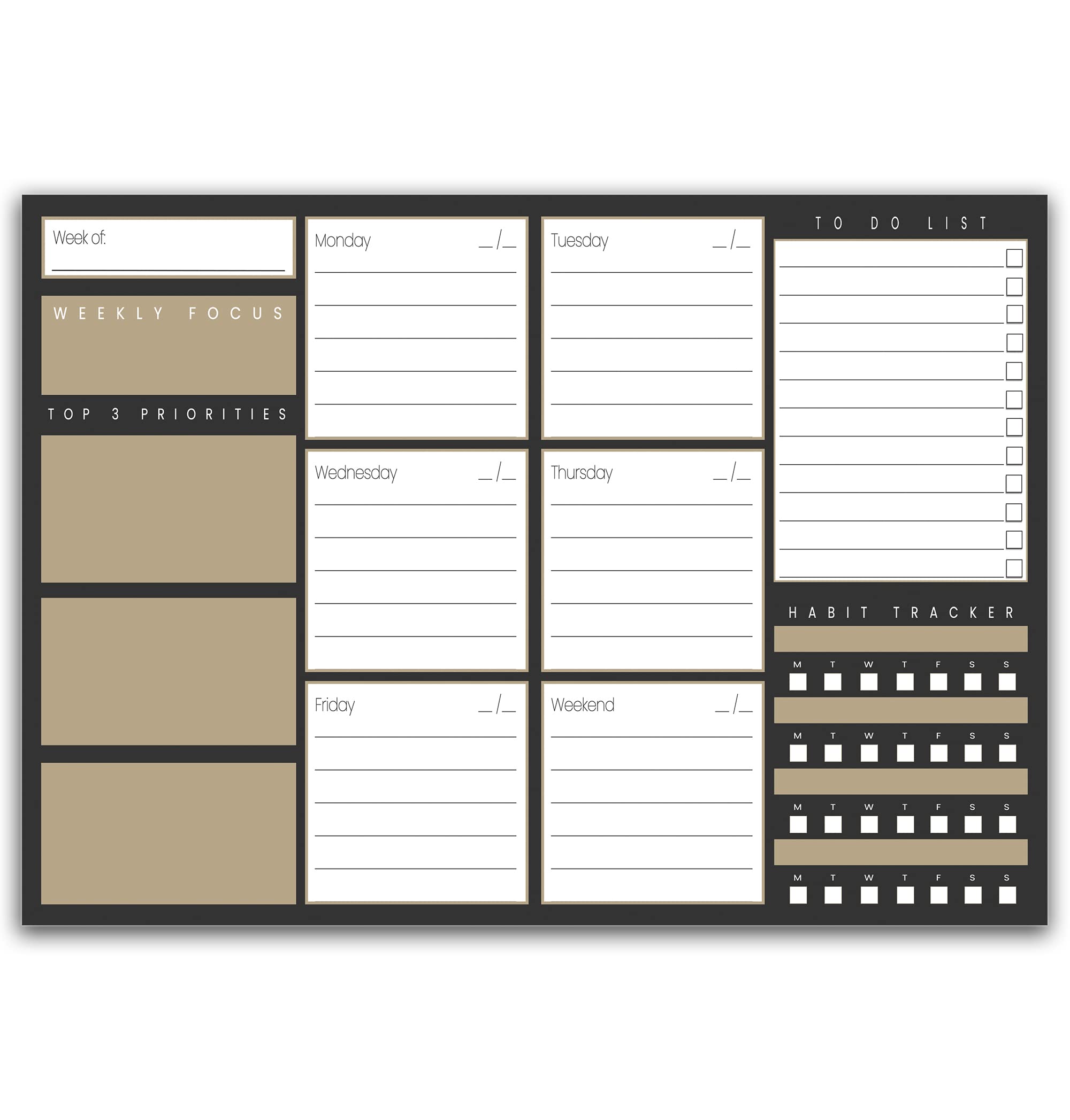 Weekly Planner Pad - A4 Desk Planner with To-Do List, Dark Grey