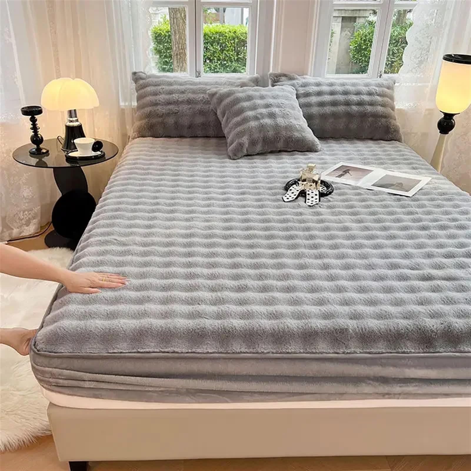 Sabanas Juego de sábanas ajustables de terciopelo cálido for invierno con funda de almohada, funda de colchón gruesa tamaño Queen, cubrecamas de felpa for cama doble Sabanas Algodon(Gray,150x200cm-3pc