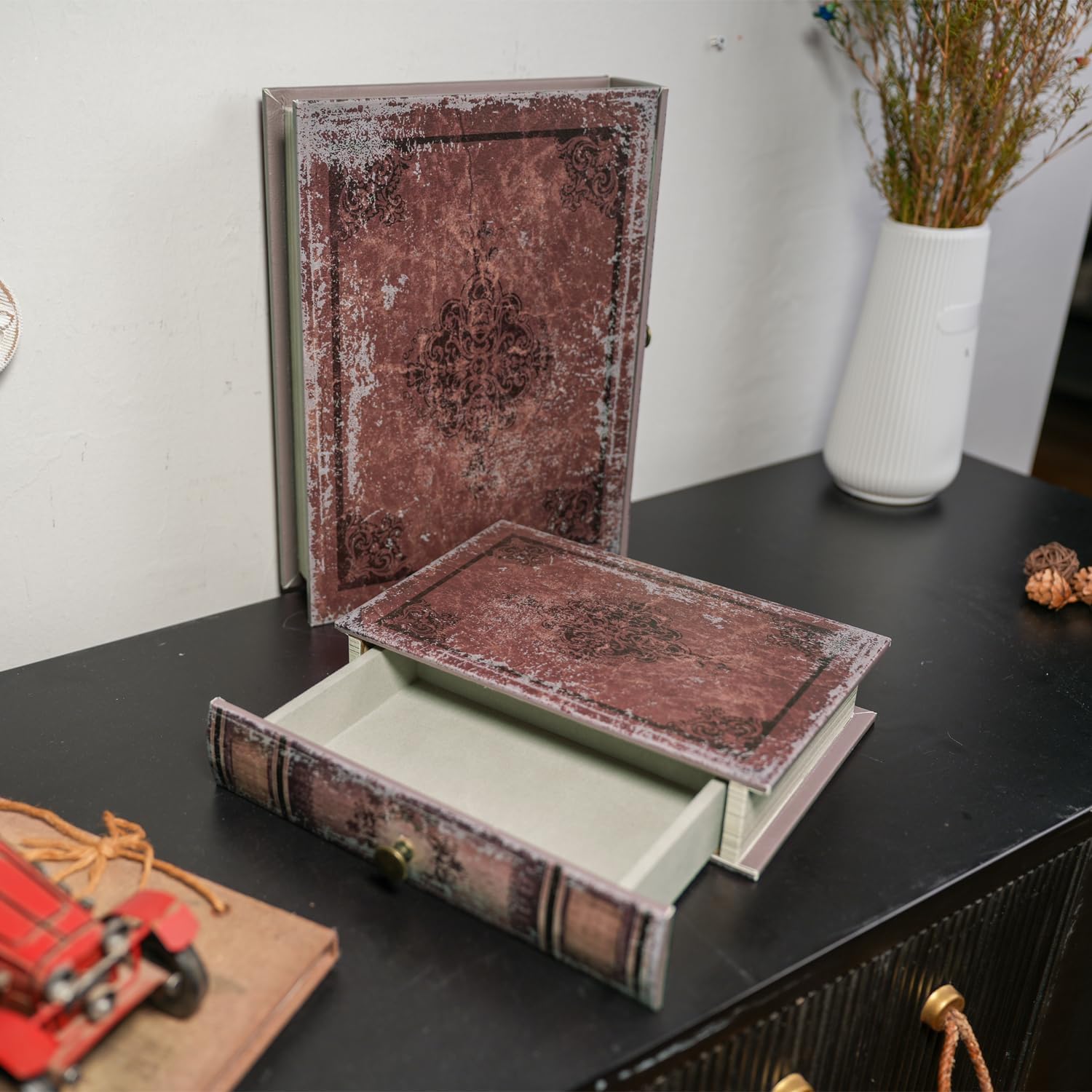 Book Storage Box with Drawer, Distressed Reddish Brown Faux Leather Cover with Classic Damask Pattern, Hidden Vintage-Style Organizer for Jewelry or Keepsakes, 9.5″ x 6.7″ x 2″