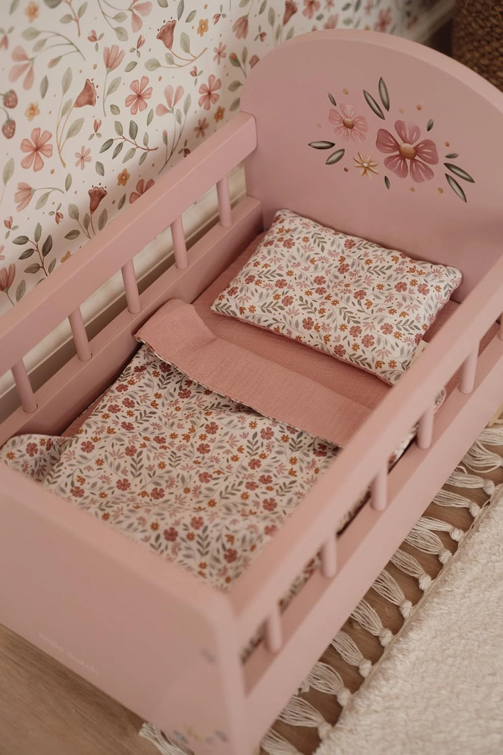 Little Dutch Cama para muñecas Cama para muñecas bebé Muñecas Madera rosa con flor - rosa